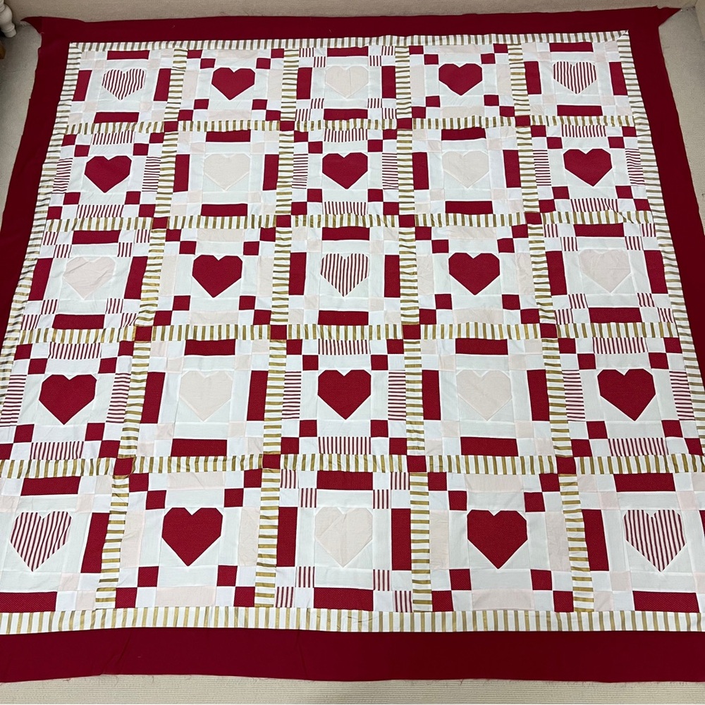 Handmade Red Hearts Patchwork Cotton Queen Size Quilt Top/Topper